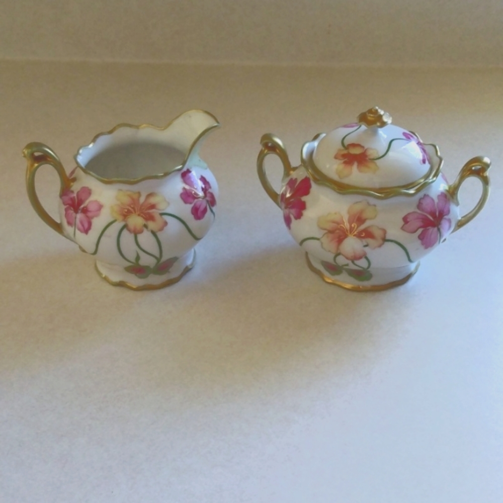 MZ Austria Floral Creamer and Covered Double Handled Sugar Bowl